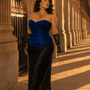 Corset vénitien bleu royal grande taille en jacquard satiné à motif floral ton sur ton, avec fermeture à busc métallique sur le devant, porté avec une jupe longue noire élégante a la galerie de montpensier a Paris au coucher du soleil.