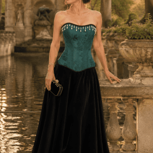 Photo éditoriale de mode d'un corset victorien moderne vert sarcelle en jacquard à motif floral ton sur ton, orné d'une frange de perles blanches, porté avec une longue jupe noire en velours à la Fontaine de Médicis à Paris.