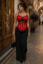 Corset victorien rouge et noir à bretelles avec dentelle noire, nœuds décoratifs et pantalon fluide noir dans la Galerie Vivienne à Paris.