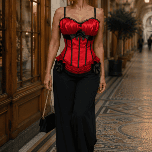 Corset victorien rouge et noir à bretelles avec dentelle noire, nœuds décoratifs et pantalon fluide noir dans la Galerie Vivienne à Paris.