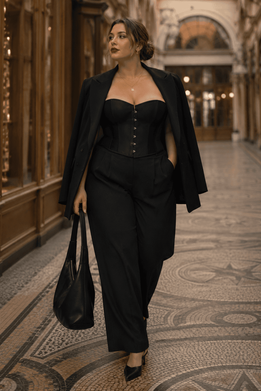 Femme de 45 ans portant un corset noir élégant avec un pantalon tailleur noir et un blazer oversize à la Galerie Vivienne à Paris.