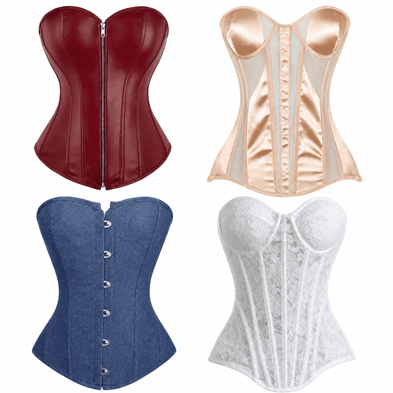 Comparatif des principales matières de corsets : similicuir, satin, jean et dentelle