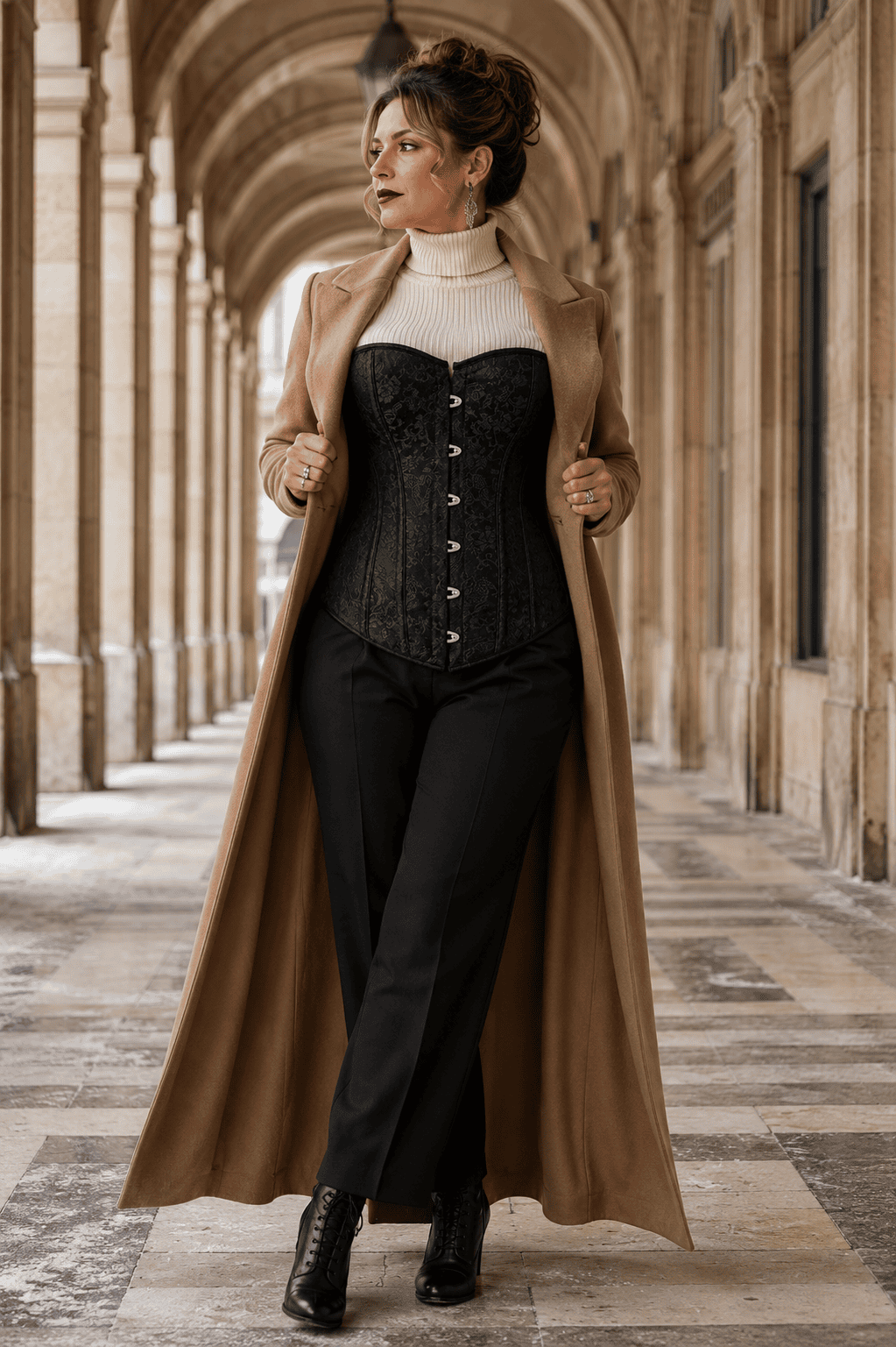 Femme portant un corset noir avec un pull à col roulé blanc cassé et un manteau en laine camel ouvert sous les arcades de la Galerie Valois au Palais-Royal en hiver.
