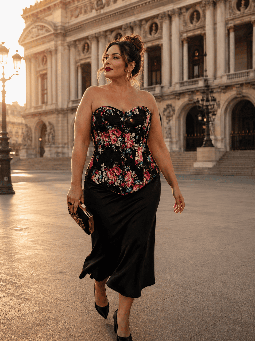 Femme portant un corset noir fleuri style jean avec une jupe satinée noire sur le parvis du palais garnier à Paris.