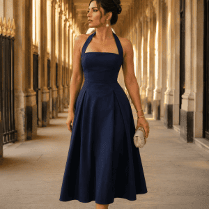 Femme de 40 ans portant une robe bustier midi bleu marine élégante à la Galerie de Montpensier du Palais-Royal à Paris, en lumière dorée de fin de journée.