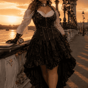 robe corset pirate noir bustier similicuir avec chemise bouffante et jupe