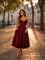 Robe cocktail bordeaux midi bustier effet corset photographiée a la place dauphine à Paris avec lumière dorée du matin et style éditorial élégant