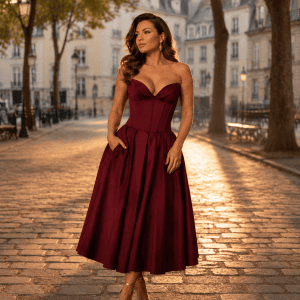 Robe cocktail bordeaux midi bustier effet corset photographiée a la place dauphine à Paris avec lumière dorée du matin et style éditorial élégant
