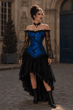 Robe corset bustier gothique bleu roi et noir à manches longues en dentelle avec jupe asymétrique portée dans la cour du musée Carnavalet à Paris.