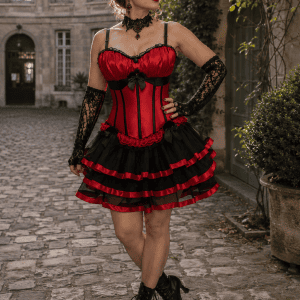 Femme de 45 ans portant une robe corset bustier gothique noire et rouge à jupe courte à volants dans la cour du musée Carnavalet à Paris.