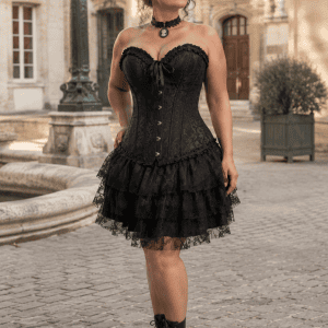 Robe corset bustier gothique romantique noire en brocart floral portée par une femme de 45 ans dans la cour du musée Carnavalet à Paris.