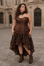 Robe corset bustier pirate marron grande taille portée par une femme en silhouette en 8 dans la cour du musée Carnavalet à Paris, avec jupe asymétrique et bottines à lacets.