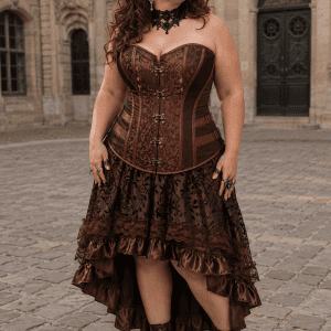 Robe corset bustier pirate marron grande taille portée par une femme en silhouette en 8 dans la cour du musée Carnavalet à Paris, avec jupe asymétrique et bottines à lacets.