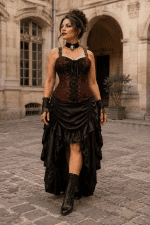 Robe bustier corset gothique vintage marron et noire avec bustier brocart à lacets, bretelles à boucles métalliques et jupe asymétrique plissée en satin noir.