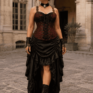 Robe bustier corset gothique vintage marron et noire avec bustier brocart à lacets, bretelles à boucles métalliques et jupe asymétrique plissée en satin noir.