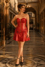 Robe corset gothique en similicuir rouge portée par une femme de 45 ans à la Galerie Vivienne à Paris. Ce modèle associe un corset bustier zippé à l'avant avec laçages latéraux et une mini-jupe évasée assortie, complété par des escarpins noirs à bride.