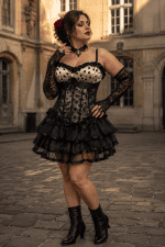 Robe corset gothique noire et blanche à pois avec corset en dentelle et jupe courte à volants portée dans la cour du musée Carnavalet à Paris