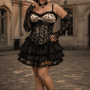 Robe corset gothique noire et blanche à pois avec corset en dentelle et jupe courte à volants portée dans la cour du musée Carnavalet à Paris