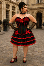 Robe corset gothique noire et rouge grande taille avec jupe courte à quatre volants, portée par une femme dans la cour pavée du musée Carnavalet à Paris.