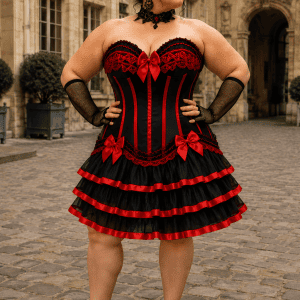 Robe corset gothique noire et rouge grande taille avec jupe courte à quatre volants, portée par une femme dans la cour pavée du musée Carnavalet à Paris.