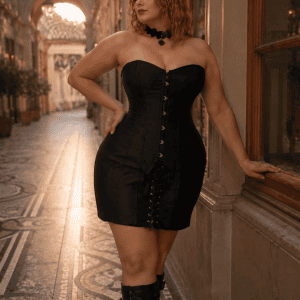 robe corset noir courte grande taille gothique lacet dos busc avant satin