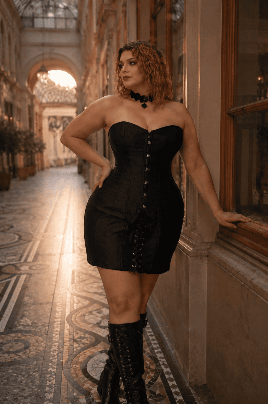 robe corset noir courte grande taille gothique lacet dos busc avant satin