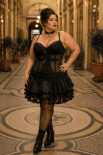 Robe corset gothique noire grande taille portée par une femme 3XL à la Galerie Vivienne à Paris, avec collants noirs et bottines en cuir.