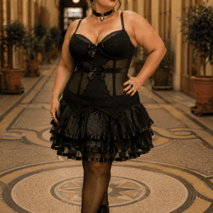 Robe corset gothique noire grande taille portée par une femme 3XL à la Galerie Vivienne à Paris, avec collants noirs et bottines en cuir.