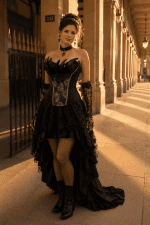Robe corset longue noire à plumes de paon portée sous les arcades Valois du Palais Royal à Paris, photographiée à la golden hour dans un style éditorial haute couture.