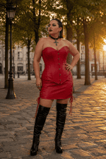 Robe corset rouge steamgoth grande taille portée a la place dauphine à Paris à l’heure dorée, look gothique avec bottes hautes en cuir noir