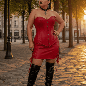 Robe corset rouge steamgoth grande taille portée a la place dauphine à Paris à l’heure dorée, look gothique avec bottes hautes en cuir noir