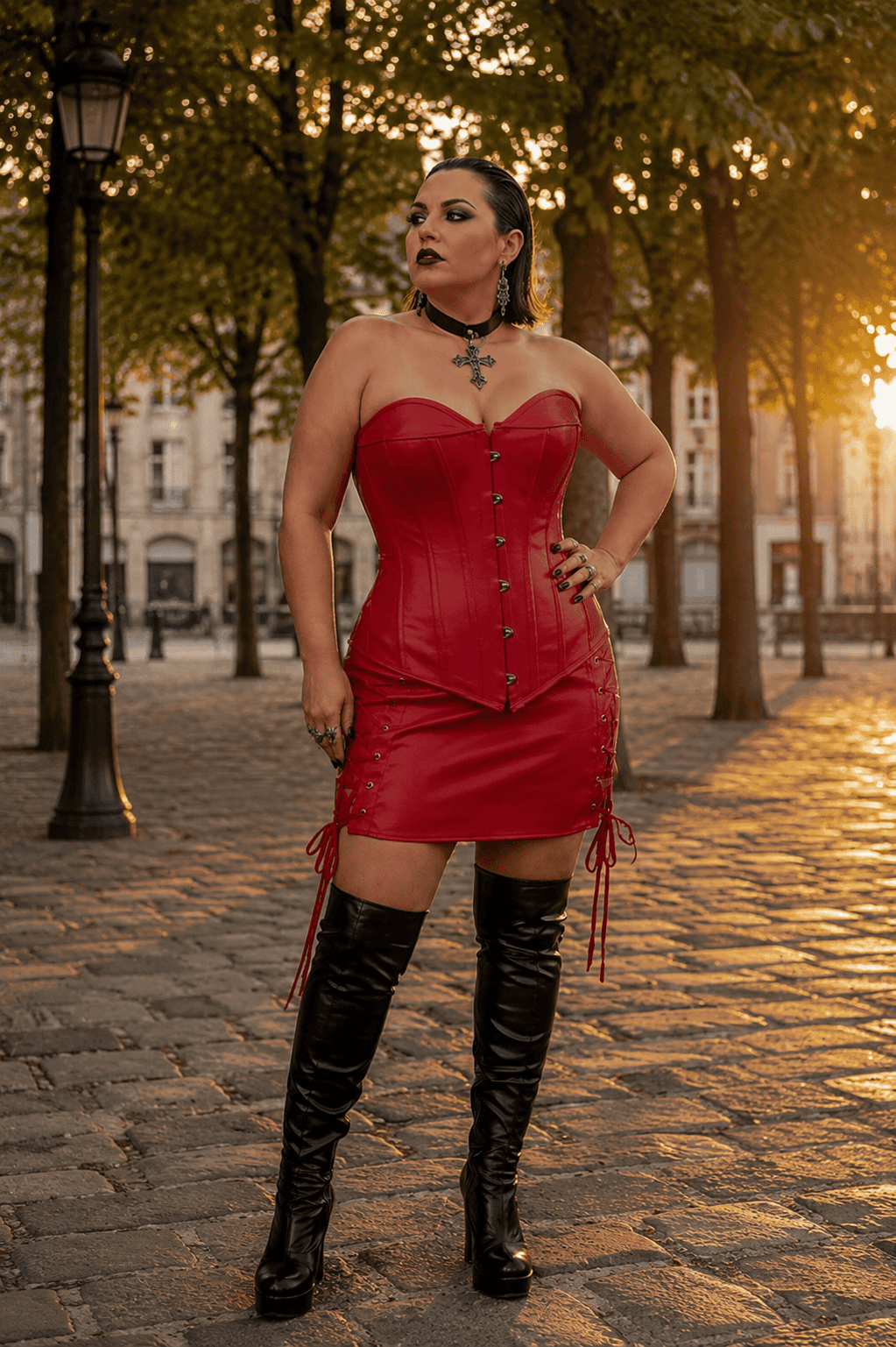 Robe corset rouge steamgoth grande taille portée a la place dauphine à Paris à l’heure dorée, look gothique avec bottes hautes en cuir noir