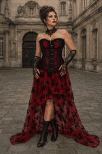 Robe corset steampunk noire et rouge portée par un modèle dans la cour d'honneur du musée Carnavalet à Paris, avec jupe asymétrique rouge à motifs noirs et corset noir à empiècements de dentelle rouge.