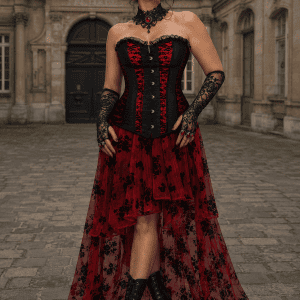 Robe corset steampunk noire et rouge portée par un modèle dans la cour d'honneur du musée Carnavalet à Paris, avec jupe asymétrique rouge à motifs noirs et corset noir à empiècements de dentelle rouge.