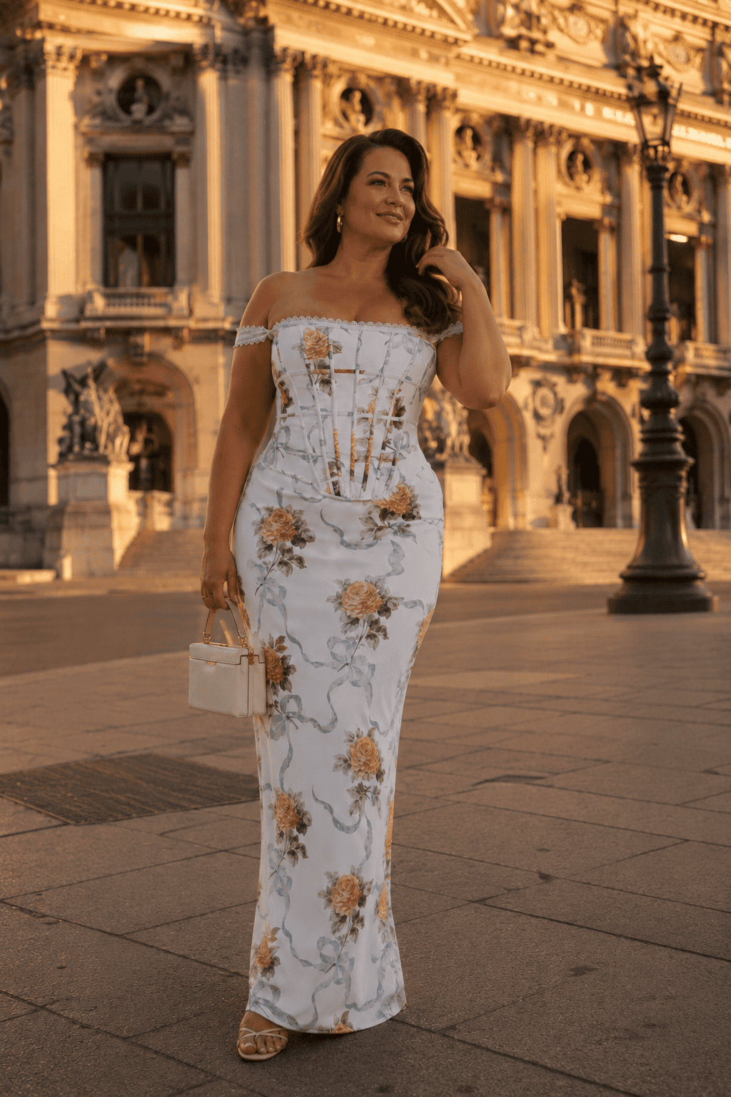 Robe longue de soirée style corset à imprimé floral portée sur le parvis du Palais Garnier à Paris à la lumière dorée de fin de journée.