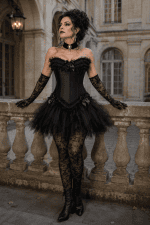 Robe mini corset bustier noir en tulle style gothique romantique portée dans la cour du Musée Carnavalet à Paris.
