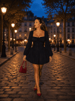 Robe mini noire coquette bustier corset portée a la place dauphine à Paris pendant la blue hour avec accessoires rouge cerise