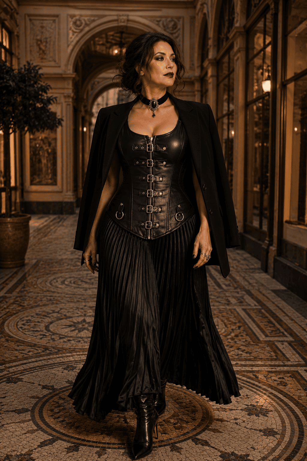 Corset noir en similicuir porté avec un blazer noir et une jupe plissée dans un style rock chic à la Galerie Vivienne à Paris.