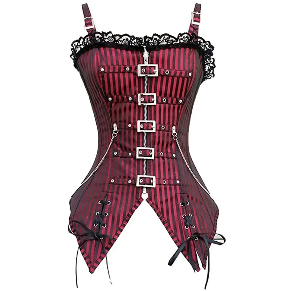 Corset Gothique Steampunk Rayé Rouge et noir – Image 2