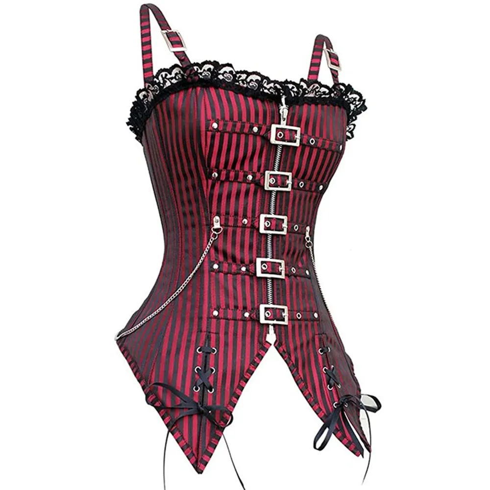 Corset Gothique Steampunk Rayé Rouge et noir – Image 4