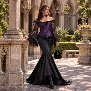 Corset bustier violet à manches longues en dentelle noire style victorien gothique