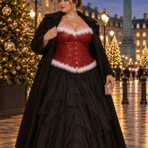 Femme portant le corset mère Noël vintage rouge grande taille à Paris