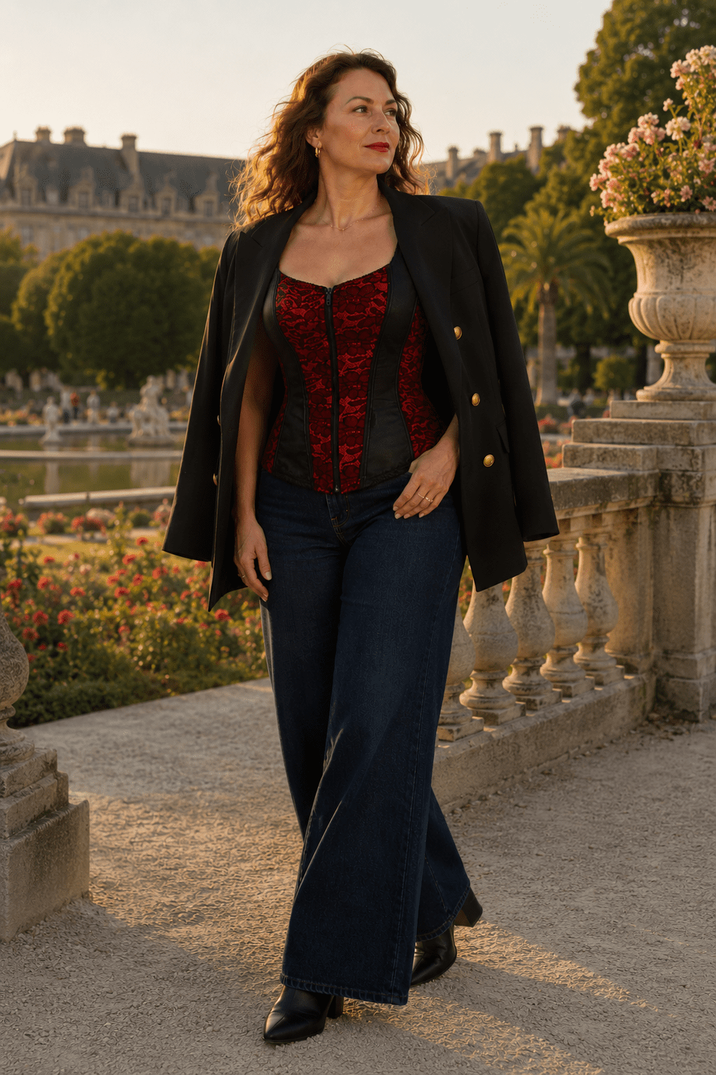 Femme portant un corset rouge et noir avec un jean et un blazer noir