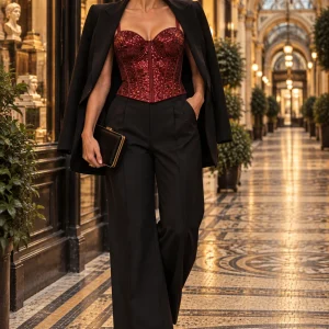 Soutien-gorge corset rouge à paillettes porté avec un pantalon noir