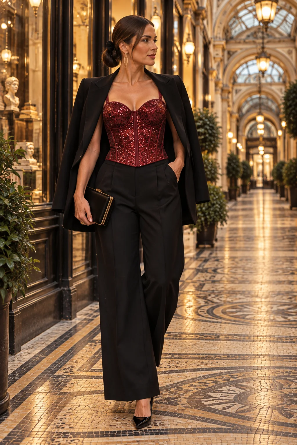 Soutien-gorge corset rouge à paillettes porté avec un pantalon noir