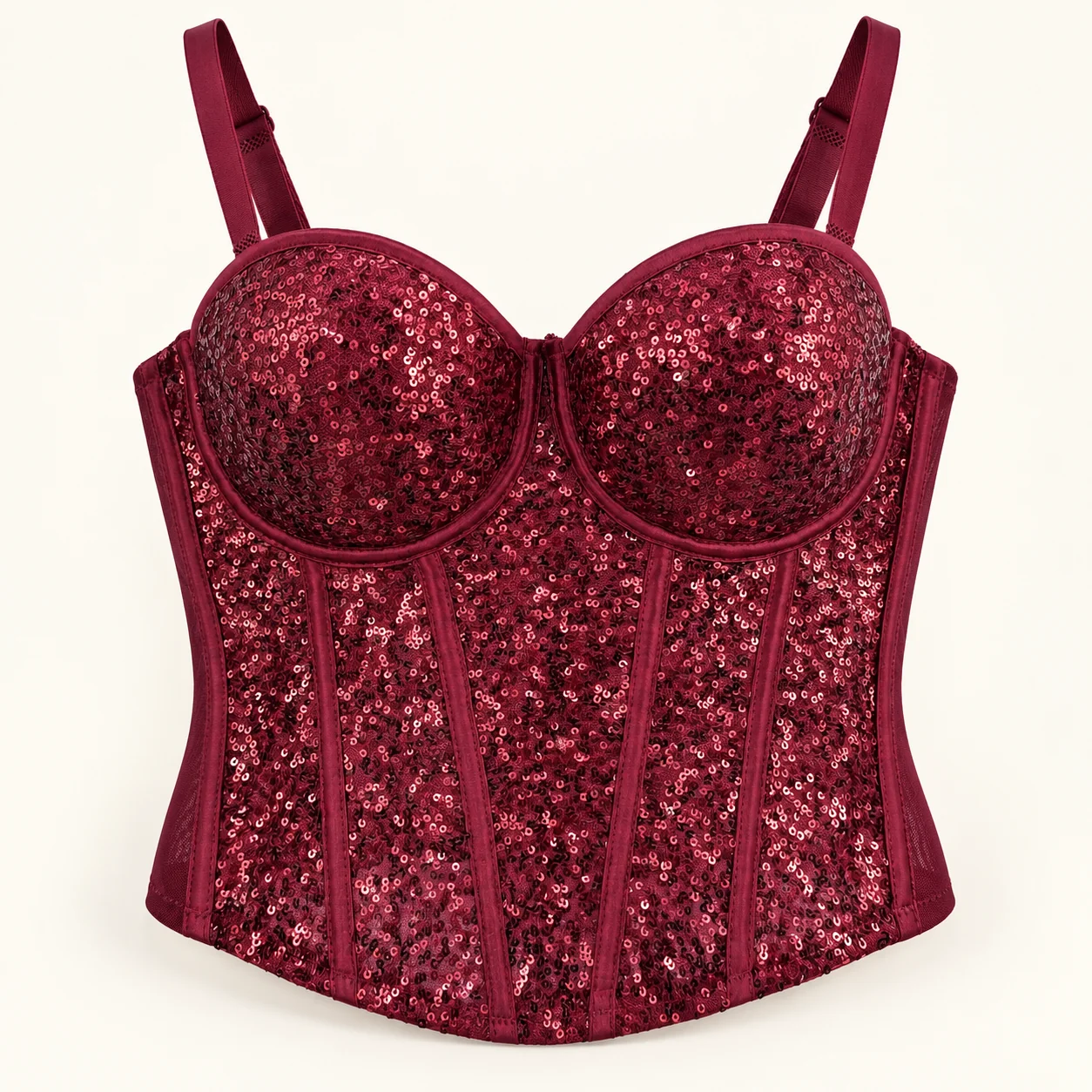 Soutien-gorge corset rouge à paillettes avec bretelles et bonnets structurés