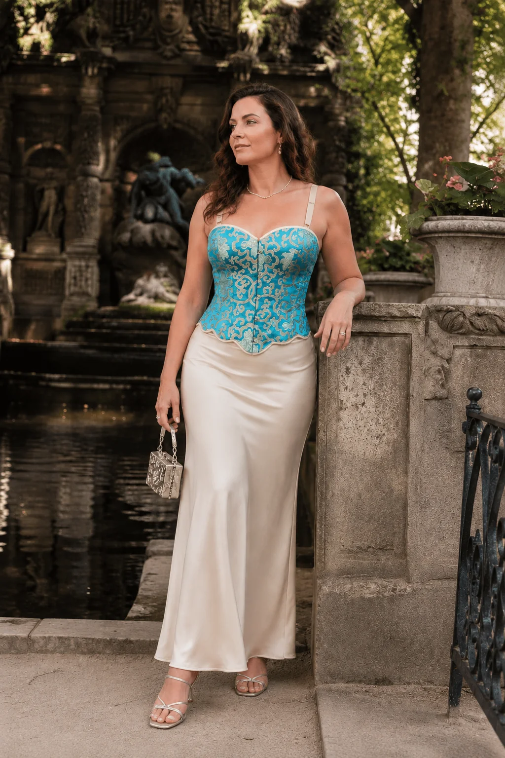 Femme de 45 ans portant un bustier corset court turquoise et or à motifs baroques avec une longue jupe satinée crème au bord de la fontaine Médicis du Jardin du Luxembourg.
