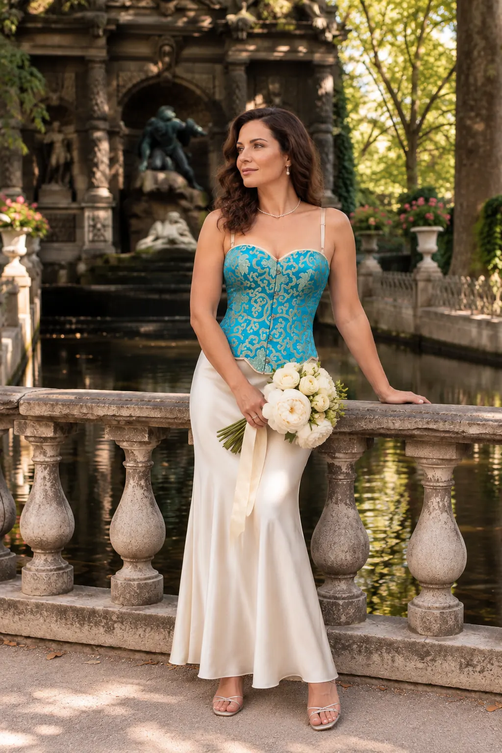 Femme de 45 ans portant un bustier corset court turquoise et or avec une jupe longue satinée crème tenant un bouquet de roses blanches et de pivoines à la fontaine Médicis.